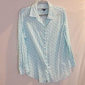 Talbots Light Blue & White Seahorse Cotton Button Up Shirt  Flowy Large Petite